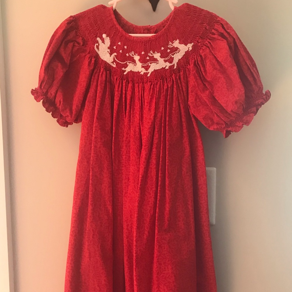 Beautiful red Bishop-style smocked Christmas dress